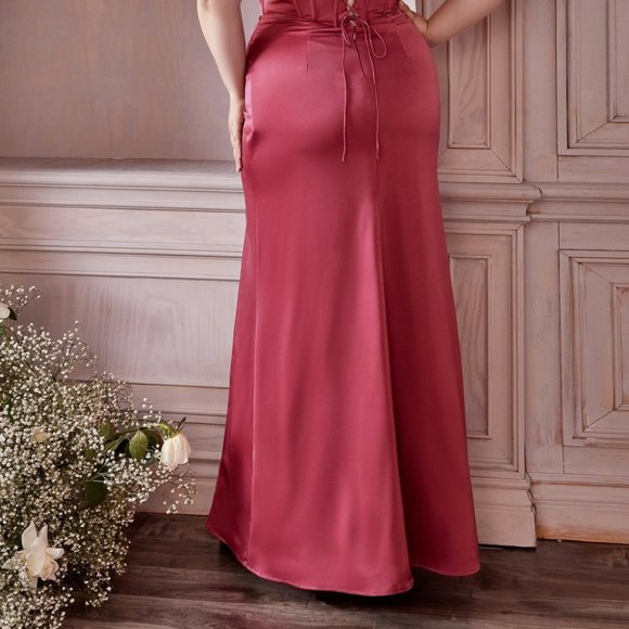 ROSEWOOD COLOR PLUS SIZE PROM PARTY EVENING SATIN CORSET OFF THE SHOULDER DRESS - Picture 6 of 7